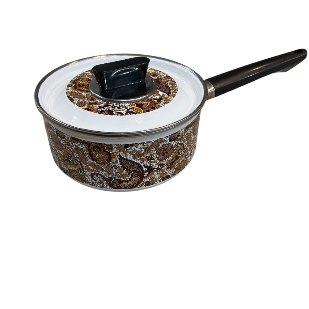Vintage MCM 70s Fancipans Avocado Green Paisley Porcelain Enamel Sauce Pan & Lid